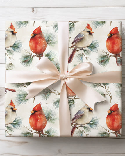 Winter Notes - Red Cardinal Bird with Winter Pine Branches Christmas Wrapping Paper