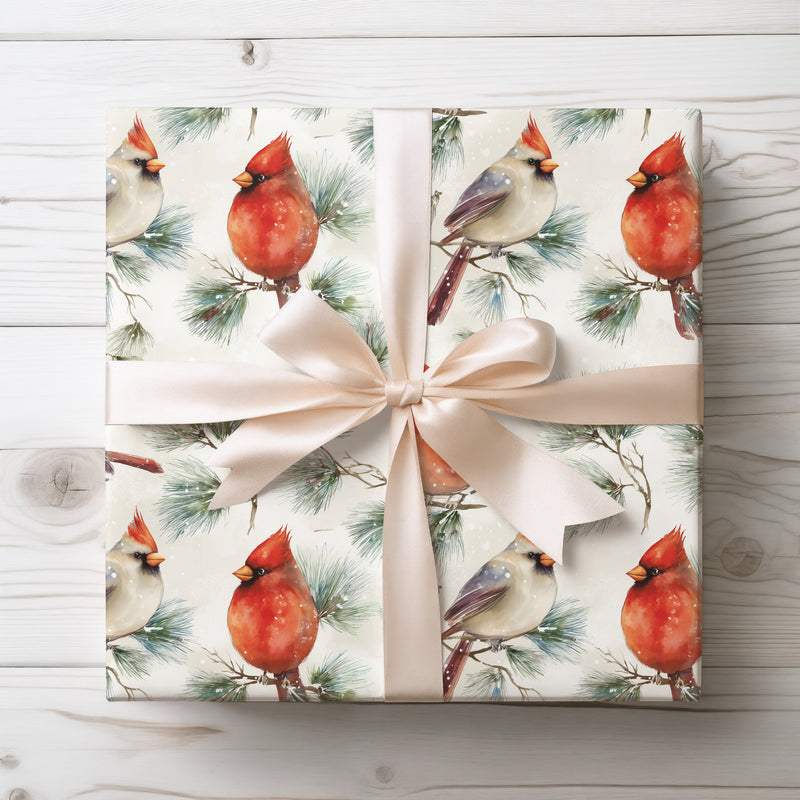 Winter Notes - Red Cardinal Bird with Winter Pine Branches Christmas Wrapping Paper
