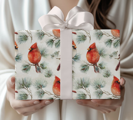 Winter Notes - Red Cardinal Bird with Winter Pine Branches Christmas Wrapping Paper
