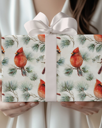 Winter Notes - Red Cardinal Bird with Winter Pine Branches Christmas Wrapping Paper