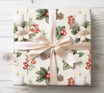 Classic vintage-inspired design featuring Christmas candles and berries, ideal for timeless holiday gift wrapping.