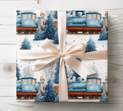 Charming watercolor trains under a starry night sky bring whimsy and warmth to your gift wrapping.