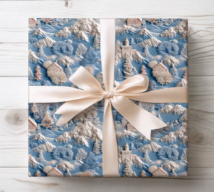 Peaceful winter village with snowy pines illustrated on wrapping paper, perfect for cozy seasonal gift presentation.
