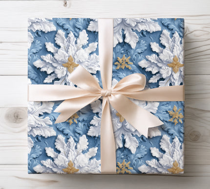 Delicate embossed snowflakes and acanthus leaves create a refined winter-themed wrapping paper for festive occasions.