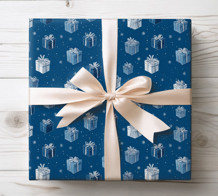Celebrate the season with wrapping paper featuring charming gift motifs accented with sparkling winter details.