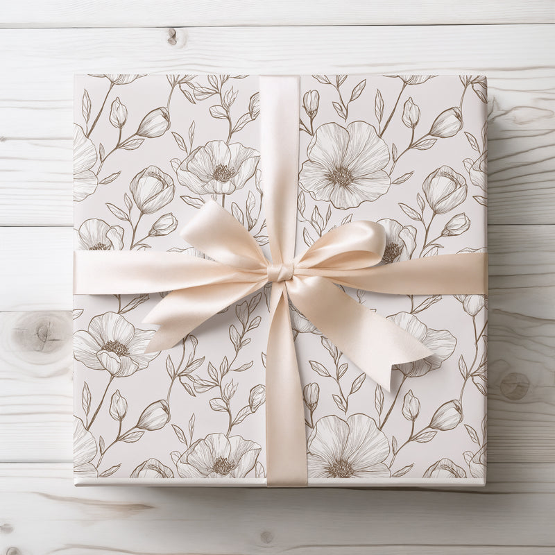 PetalInk – Brown Fine Line Poppies and Leaves on Blush Background Wrapping Paper