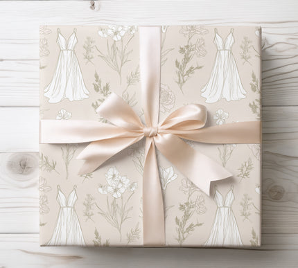 Elegant wrapping paper featuring delicate wedding dress details and soft floral motifs, ideal for wedding gifts.