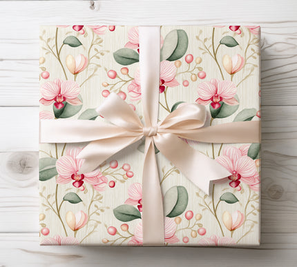 Bright pink orchid motifs bring a fresh and joyful feel to your gift wrapping, making every present stand out.