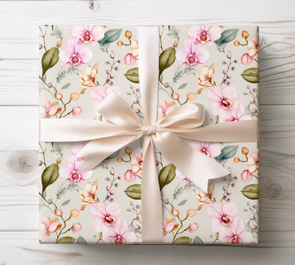 Gentle orchid patterns on serene backgrounds create a peaceful and natural look for beautifully wrapped presents.