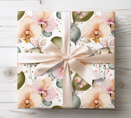 Sophisticated wrapping paper featuring soft orchid floral patterns, perfect for elegantly wrapping gifts for any occasion.