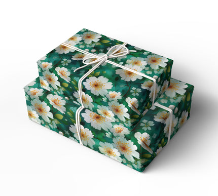 Verdant Bloom Symphony - Watercolor Floral Wrapping Paper on Green Background