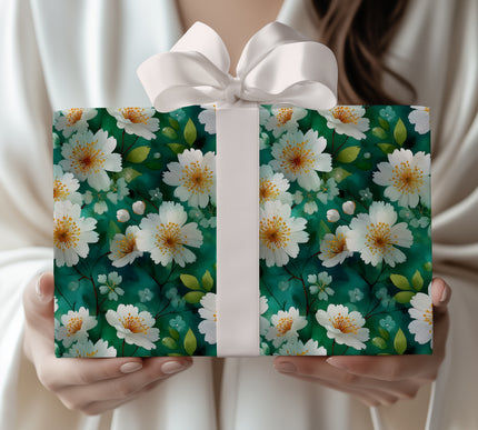 Verdant Bloom Symphony - Watercolor Floral Wrapping Paper on Green Background