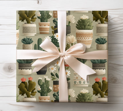 Add a natural touch with DesertGlint wrapping paper showcasing detailed cacti and succulent designs. Ideal for botanical gift wrapping.