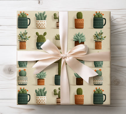 Celebrate desert flora with Cactora wrapping paper featuring succulents and cactus pots. Great for plant lovers and nature-inspired gifts.