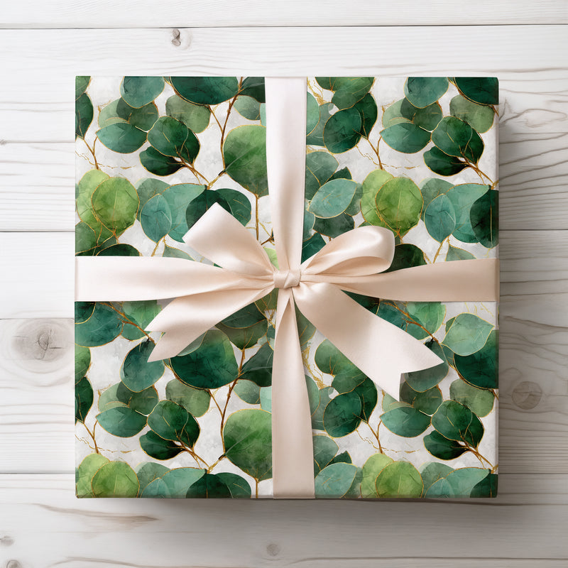Eucalyverdra – Elegant Gold‑Lined Eucalyptus Leaves Wrapping Paper