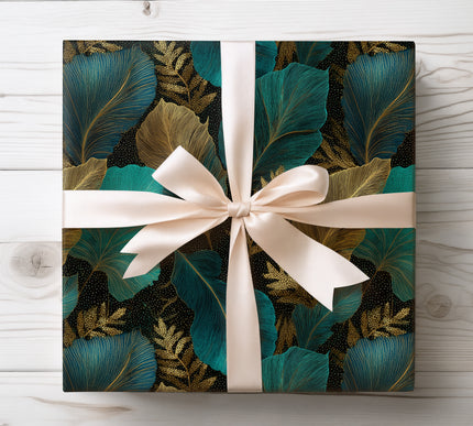 Add a tropical touch with Noctifern wrapping paper, featuring moody teal and gold jungle leaves. Perfect for sophisticated nature-themed gifts.