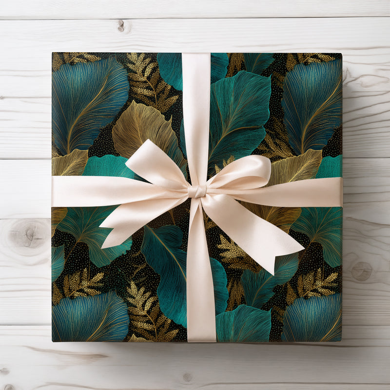 Noctifern – Moody Teal & Gold Tropical Jungle Leaf Wrapping Paper