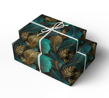 Noctifern – Moody Teal & Gold Tropical Jungle Leaf Wrapping Paper