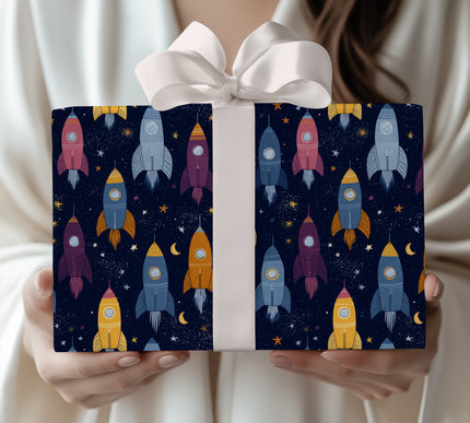 Cosmic Voyager – Space Rocket Wrapping Paper