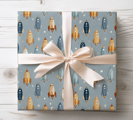 Explore space history with Lunar Expedition wrapping paper showcasing vintage rockets. Perfect for space enthusiasts and nostalgic gifts.