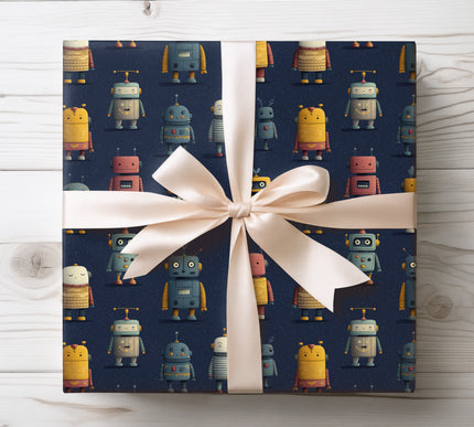 Delight kids with Gearpixo wrapping paper showcasing cute cartoon robots. Ideal for birthdays and playful occasions.