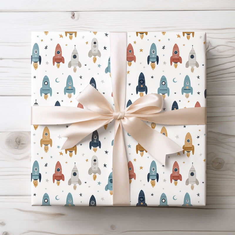 Starlit Launchpad – Kids Rocket Wrapping Paper