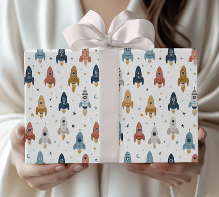 Starlit Launchpad – Kids Rocket Wrapping Paper