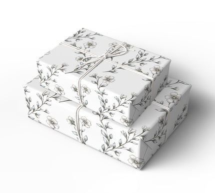 Silversage Bloom – Subtle silver-toned floral pattern on white background wrapping paper