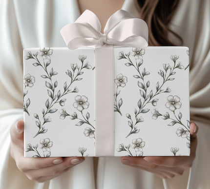 Silversage Bloom – Subtle silver-toned floral pattern on white background wrapping paper