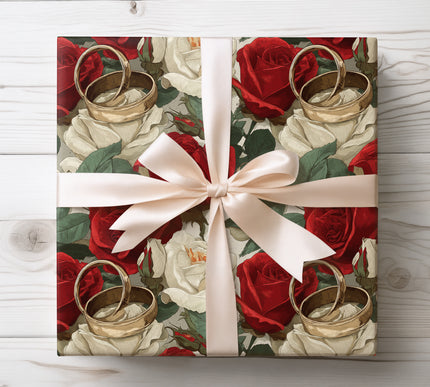 Express love with Rosebound Union wrapping paper, adorned with red and ivory roses and wedding bands. Ideal for wedding and anniversary presents.