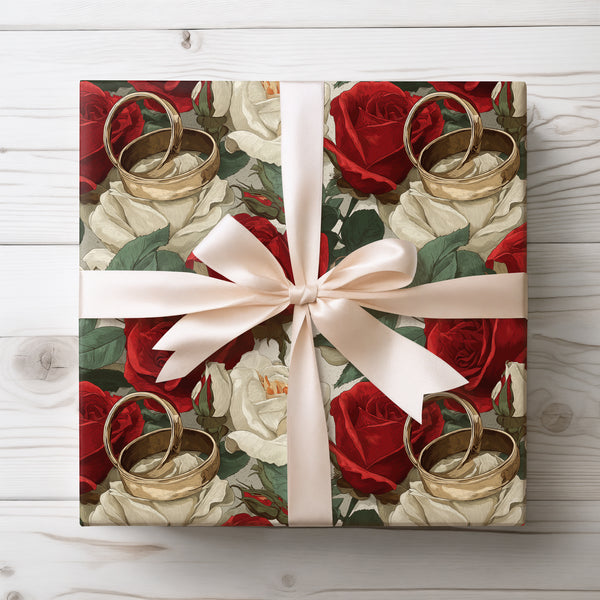 Rosebound Union – Romantic Red and Ivory Roses with Wedding Bands Wrapping Paper