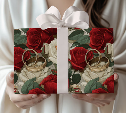 Rosebound Union – Romantic Red and Ivory Roses with Wedding Bands Wrapping Paper