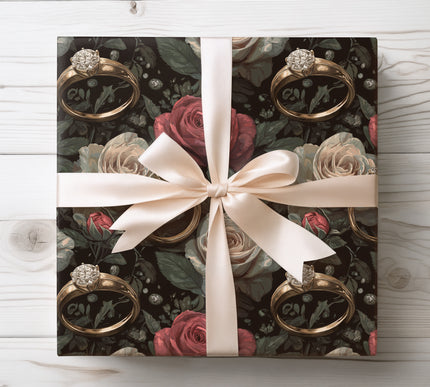 Celebrate commitment with Midnight Vow Embrace wrapping paper featuring wedding rings and roses. Perfect for weddings, anniversaries, and romantic moments.