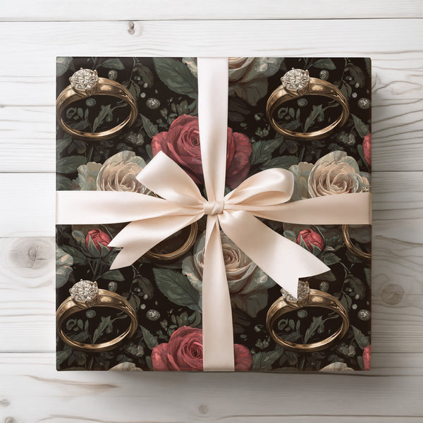 Midnight Vow Embrace – Lux Wedding Ring & Roses Wrapping Paper