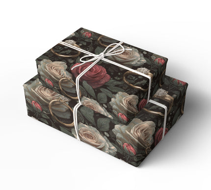 Midnight Vow Embrace – Lux Wedding Ring & Roses Wrapping Paper