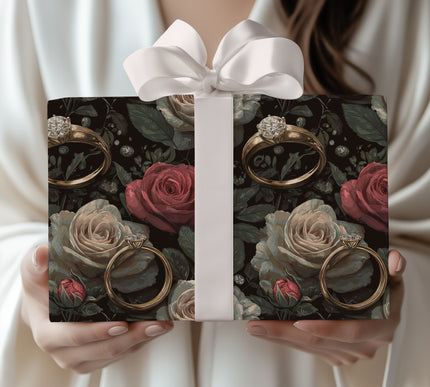 Midnight Vow Embrace – Lux Wedding Ring & Roses Wrapping Paper