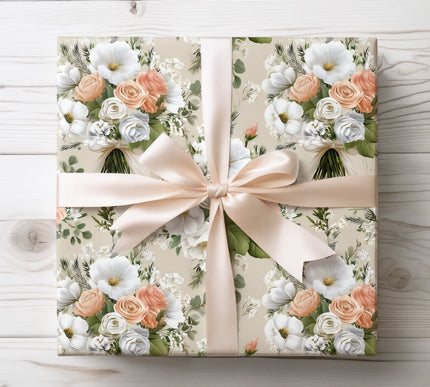 Wrap wedding gifts in Ivory Blush Bouquet paper, decorated with delicate floral bouquets. Ideal for romantic and elegant celebrations.