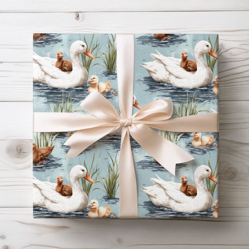 Lakeside Quacksong – White Duck Family Wrapping Paper