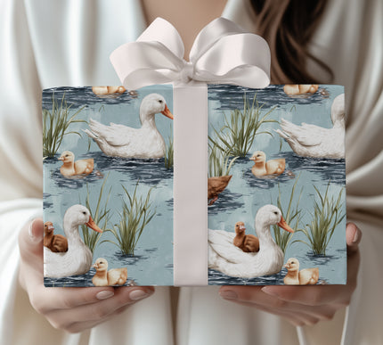 Lakeside Quacksong – White Duck Family Wrapping Paper