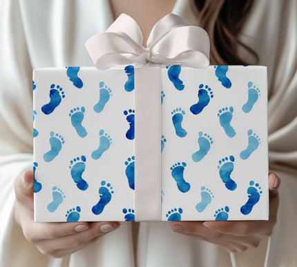 Footlingale – Watercolor Blue Baby Footprint Pattern Wrapping Paper