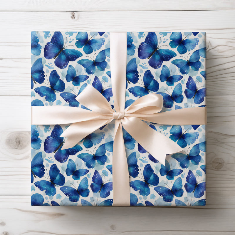 Azureflutter – Watercolor Blue Butterfly Pattern Wrapping Paper