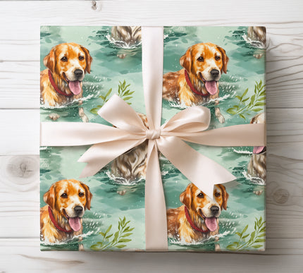 Brighten your gifts with Aurelian Splash wrapping paper, featuring a golden retriever enjoying water play. Perfect for dog lovers and lively presentations.