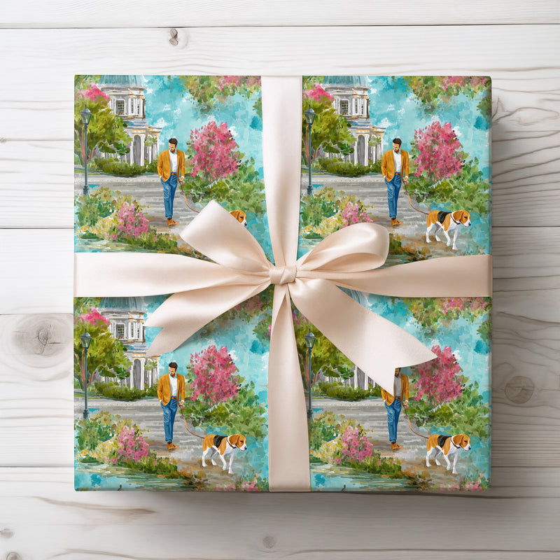 Beagle Breeze – Man Walking Beagle Dog in Park Wrapping Paper
