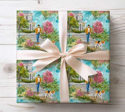 Capture peaceful park walks with Beagle Breeze wrapping paper showing a man and his beagle strolling outdoors. Ideal for pet enthusiasts and casual gifting.