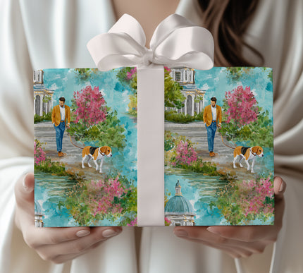 Beagle Breeze – Man Walking Beagle Dog in Park Wrapping Paper