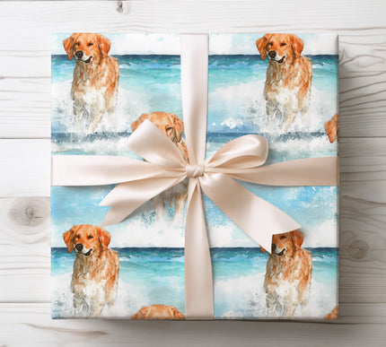 Celebrate playful pups with Seasplash Goldenheart wrapping paper featuring a joyful dog splashing in water. Perfect for dog lovers and nature-inspired gifts.