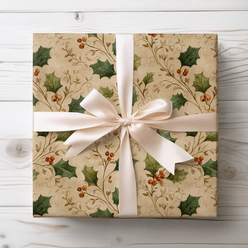 Berrythorn - Rustic Holly & Branches Wrapping Paper