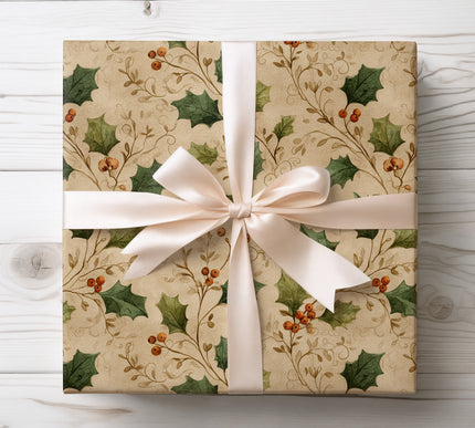 Embrace natural winter beauty with Berrythorn wrapping paper featuring rustic holly and branches. Ideal for holiday gifts, winter birthdays, and nature-inspired celebrations. Premium paper with detailed botanical design.