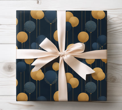 Celebrate in style with Midnight Gold Soirée wrapping paper adorned with elegant gold balloons. Perfect for birthdays, anniversaries, and upscale parties. High-quality paper with a luxurious finish.