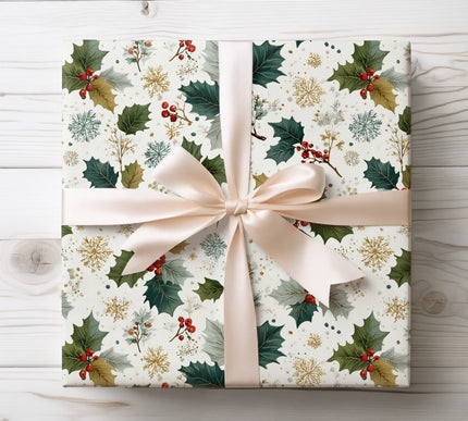 Celebrate the season with Frostbough wrapping paper showcasing vintage holly leaves and snowflakes. Perfect for Christmas and winter holiday gifts. Durable paper with elegant, timeless winter motifs.